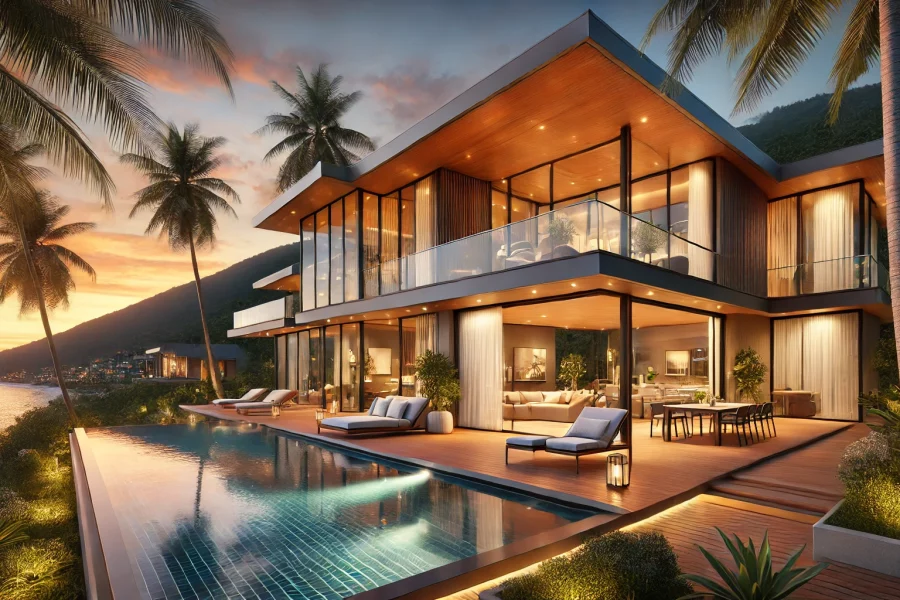 Роскошная современная вилла с большими стеклянными окнами, бассейном-инфинити и просторной террасой. Вилла окружена пышной зеленью и пальмами.