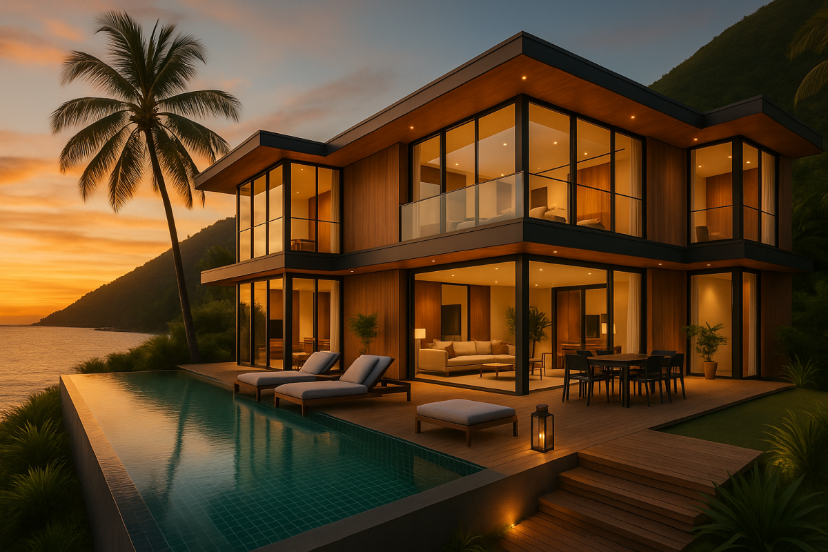 Villa mit Blick auf Strand und Palmen