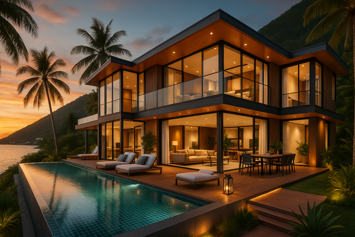 Villa mit Blick auf Strand und Palmen